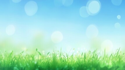 Obraz premium Beautiful sunny spring meadow with green grass and blue sky. Abstract background with light bokeh and space for text