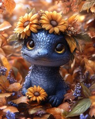 Obraz premium Cute blue lizard wearing flower crown.
