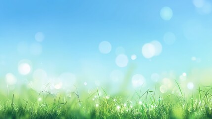 Obraz premium Beautiful sunny spring meadow with green grass and blue sky. Abstract background with light bokeh and space for text