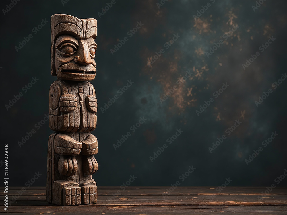 Poster a rustic wooden totem pole stands prominently on a dark grunge background, leaving ample space for t