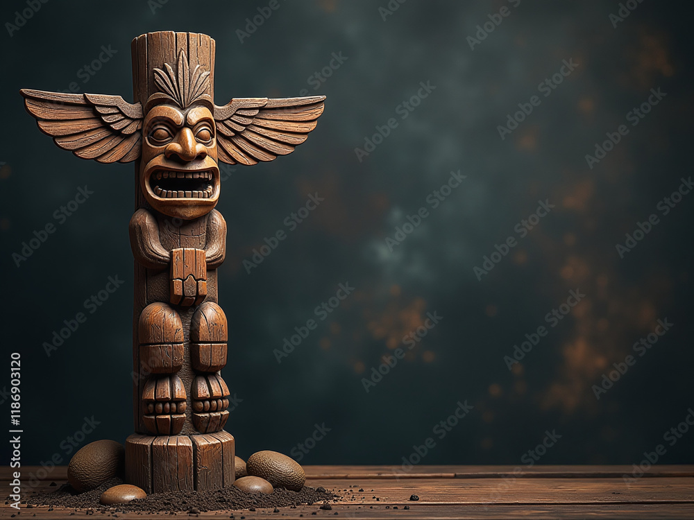 Poster a rustic wooden totem pole stands prominently on a dark grunge background, leaving ample space for t