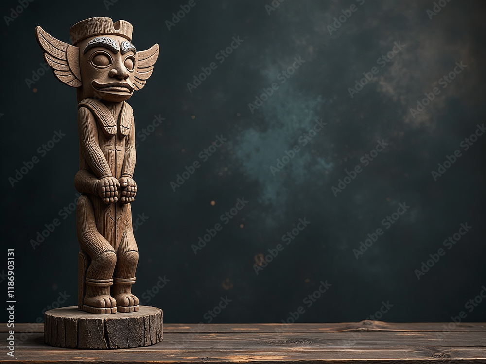 Poster a rustic wooden totem pole stands prominently on a dark grunge background, leaving ample space for t