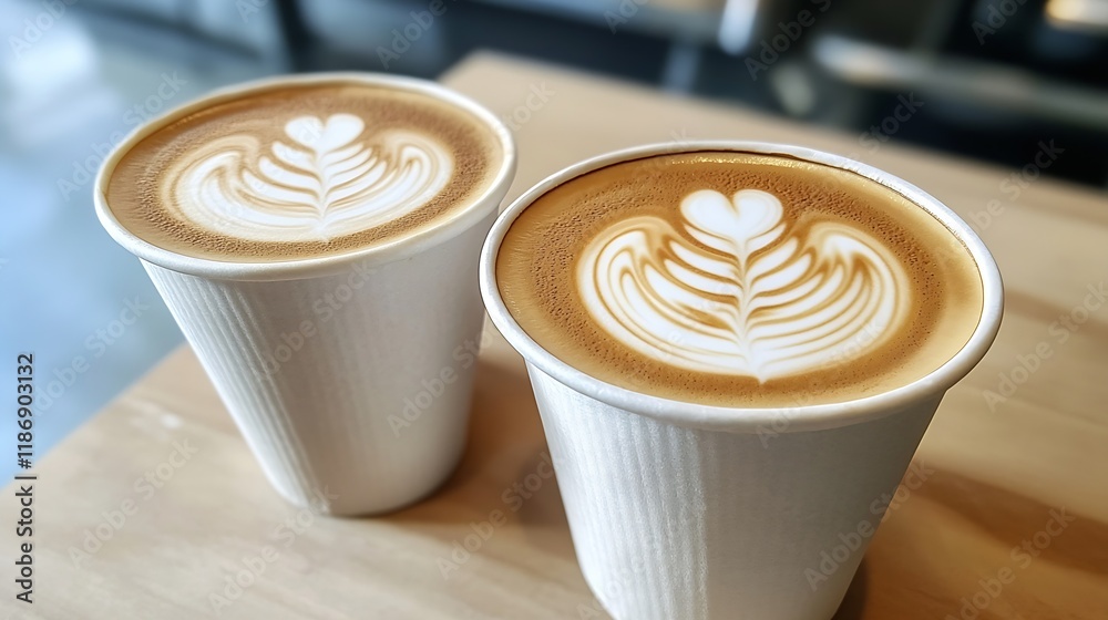 Poster two coffee cups with heartshaped latte art in a cozy cafe setting : generative ai