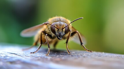 Fototapeta premium Closeup of a Furry Bee Sitting on a Wooden Surface in Nature : Generative AI
