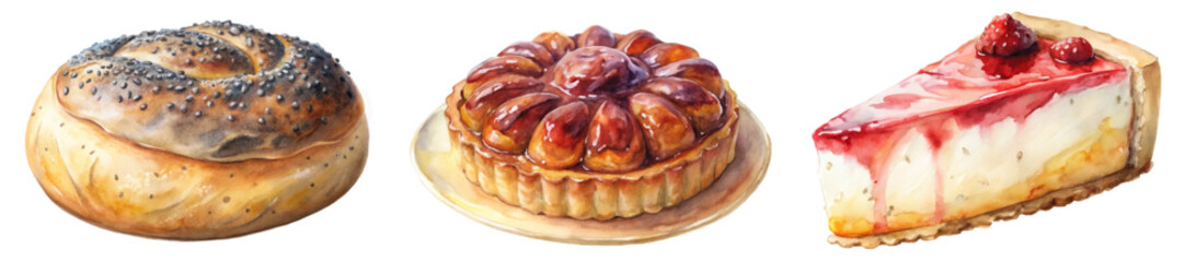 Fresh baked goods, delicious pastries, watercolor illustration, gourmet desserts, vibrant colors, food art, culinary delights.