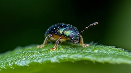 Naklejka premium Close Up of Jewel Colored Beetle Resting on Leaf in Lush Greenery : Generative AI