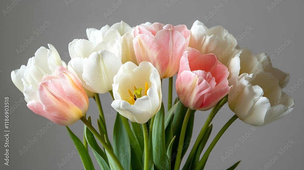 Poster delicate white and pink tulips in bloom with soft petals and gentle green stems : generative ai