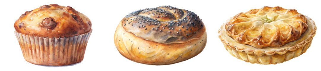 Fresh baked goods, watercolor illustration, delicious pastries, muffin, bagel, pie, food art, culinary design.