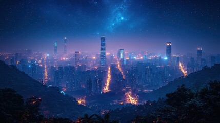 Obraz premium A stunning nighttime cityscape featuring illuminated skyscrapers and vibrant lights against a starry sky, framed by surrounding mountains.