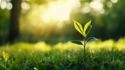 Fototapeta premium Young Green Seedling Growing in Sunlit Refreshing Spring Garden : Generative AI
