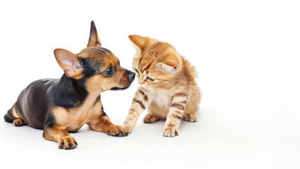 Obraz premium Puppy and kitten sniff each other on white background. Vertical advertising banner layout for veterinary clinic or pet store.