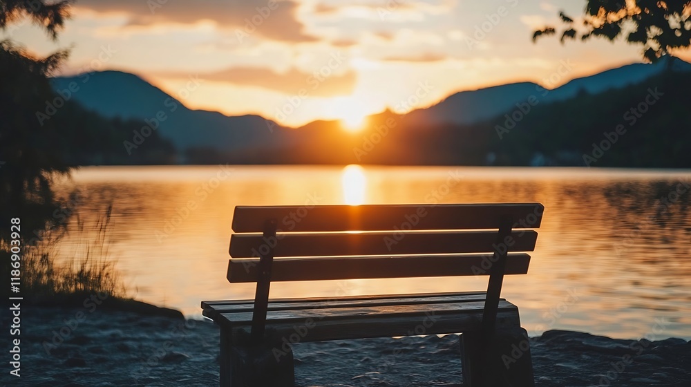 Poster scenic lake sunset view with silhouetted bench in tranquil nature setting : generative ai