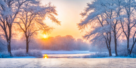 Naklejka premium Winter Sunrise Landscape with Marble Tabletop