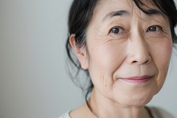 Senior woman with gentle smile and expressive eyes poses in simple indoor setting reflecting warmth and wisdom in everyday life moments