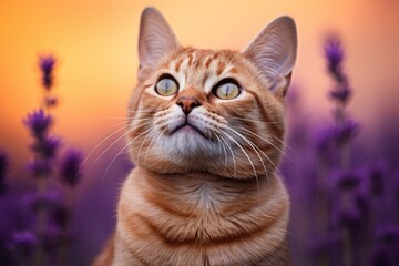 Obraz premium Portrait of a smiling havana brown cat while standing against soft purple background