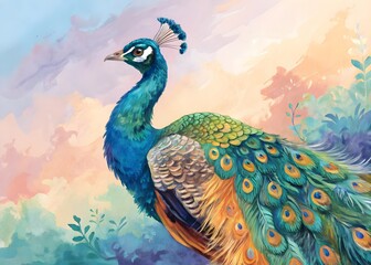 Fototapeta premium Majestic Peacock Painting Colorful Bird Art Nature Wildlife