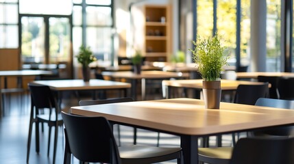 Obraz premium Sunlit modern cafeteria interior with minimalistic decor : Generative AI