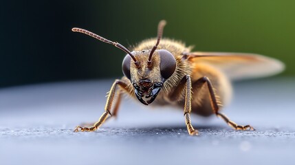 Macro CloseUp of Honeybee on Smooth Surface with Blurred Green Background : Generative AI