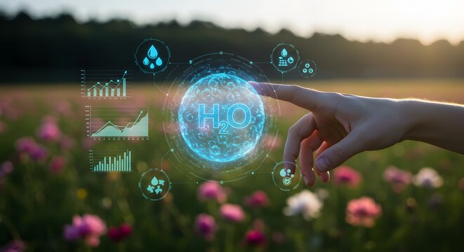 Water molecule representation with futuristic technology in a natural setting highlighting global water resource management and conservation for sustainable agriculture and environmental preservation