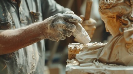 A detailed shot of a stone mason carving a stone sculpture with chisel and hammer.