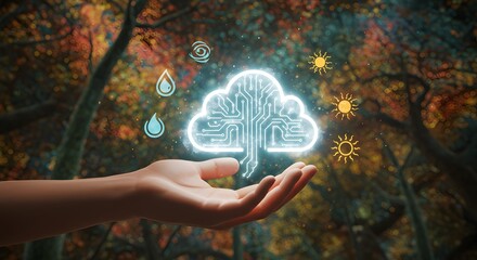 Nature inspired artificial intelligence cloud design with renewable energy symbols promoting technological innovation for environmental sustainability and climate adaptation