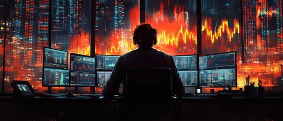A person monitors multiple screens displaying stock market data in a high-tech environment.