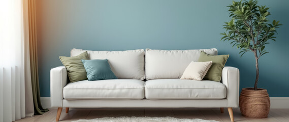 white sofa with green blue pillows a sunlit room