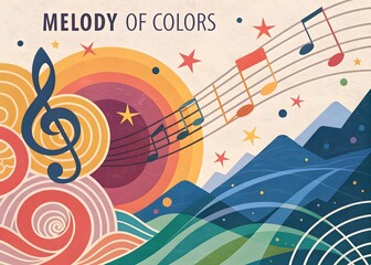 Obraz premium Colorful Music Notes Landscape Retro Art Abstract Hills Treble Clef Melody Design