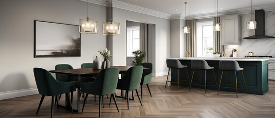 Fototapeta premium dining room featuring sleek green chairs, a polished gray dining table, and minimalist lighting.