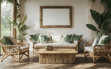 Tropical living room interior design, mockup frame, plants
