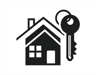 black and white icon of a house with a key, symbolizing real estate, home ownership, or property rental. perfect for real estate agencies, property management companies, or home security services.