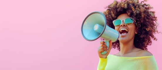 Cheerful young African woman with curly hair wearing sunglasses, holding a vintage megaphone, side view on a pastel pink background. Sale advertisement web banner with space for text.