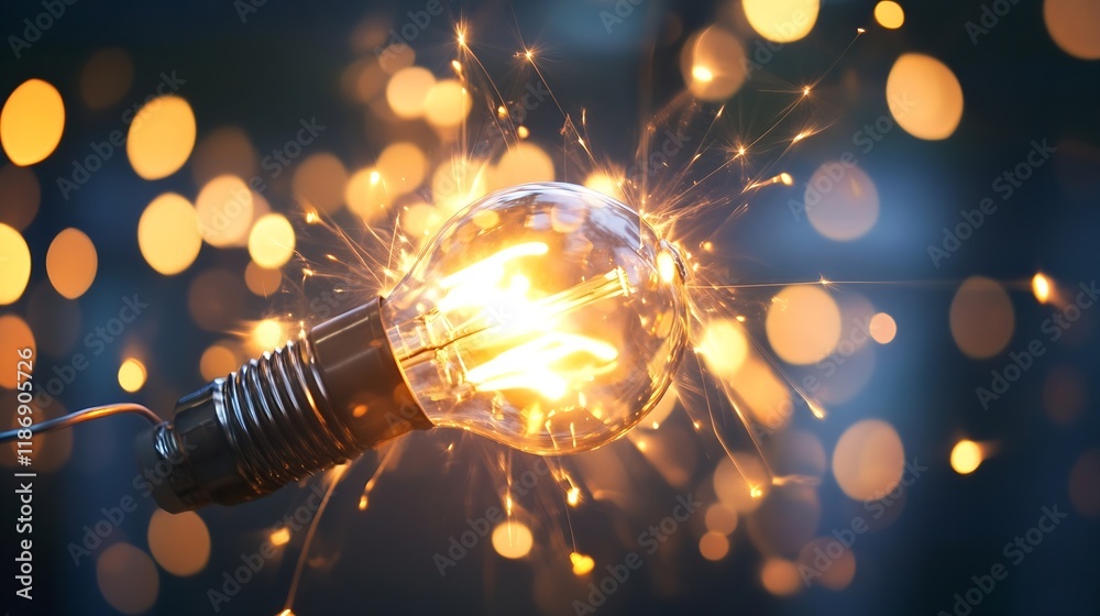 Poster creative concept of a glowing light bulb surrounded by bokeh sparks : generative ai