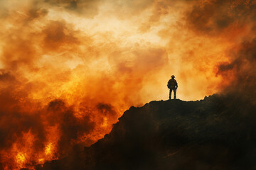 Fototapeta premium Firefighter stands resolutely on a ridge facing the fiery blaze during a challenging wildfire situation in the late afternoon