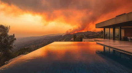 Luxury infinity pool reflecting vibrant orange hues during a dramatic sunset with distant wildfires