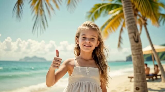 A sweet Slavic very gentle girl in a romantic white dress shows a thumb up. Give five. natural nature, sea and palm trees