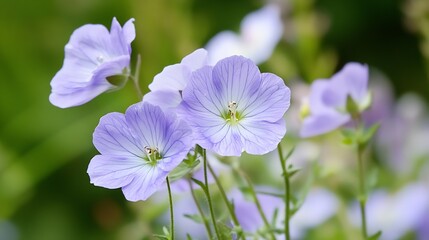 Purple Delicate Flowers Blossoming in Sunlit Garden Peaceful and Serene Nature Scene : Generative AI