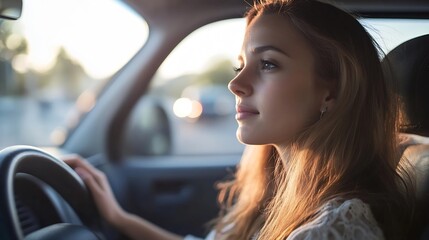 Young Woman Pondering Inside a Car During Golden Hour Making Travel Plans : Generative AI
