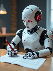 A Robot Uses Artificial Intelligence And Machine Learning To Write A Letter With A Red Pen On Its Desk. 00002