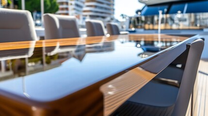 Fototapeta premium Elegant Yacht Interior with Shiny Wooden Table and Modern Design Elements : Generative AI