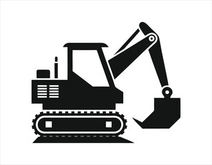 black and white illustration of an excavator with a detailed design, showing the arm, bucket, and tracks, perfect for construction and heavy machinery themes.