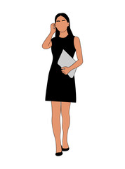 Fototapeta premium Young business woman standing in office black dress holding laptop. Pretty lady boss character vector illustration isolated on transparent background