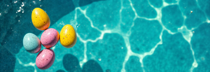 Colorful Easter eggs floating in a pool during a spring holiday celebration. Happy Easter Banner