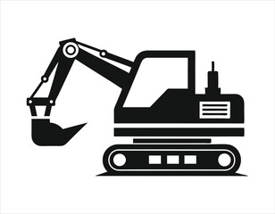 black and white silhouette of an excavator with a bucket arm, cabin, and tracks, ideal for construction and heavy machinery themes.