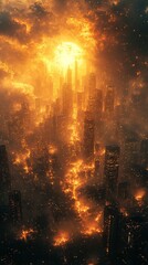 A dystopian city engulfed in flames under a dramatic, glowing sky.