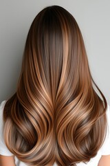 Fototapeta premium Long, glossy wavy hair with stunning highlights cascading down the back against a neutral backdrop
