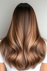 Naklejka premium Smooth and shiny voluminous hair with natural highlights cascading down the back against a light background