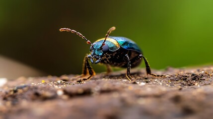 Naklejka premium Macro View of Metallic Beetle on Earthy Surface with Detailed Textures : Generative AI