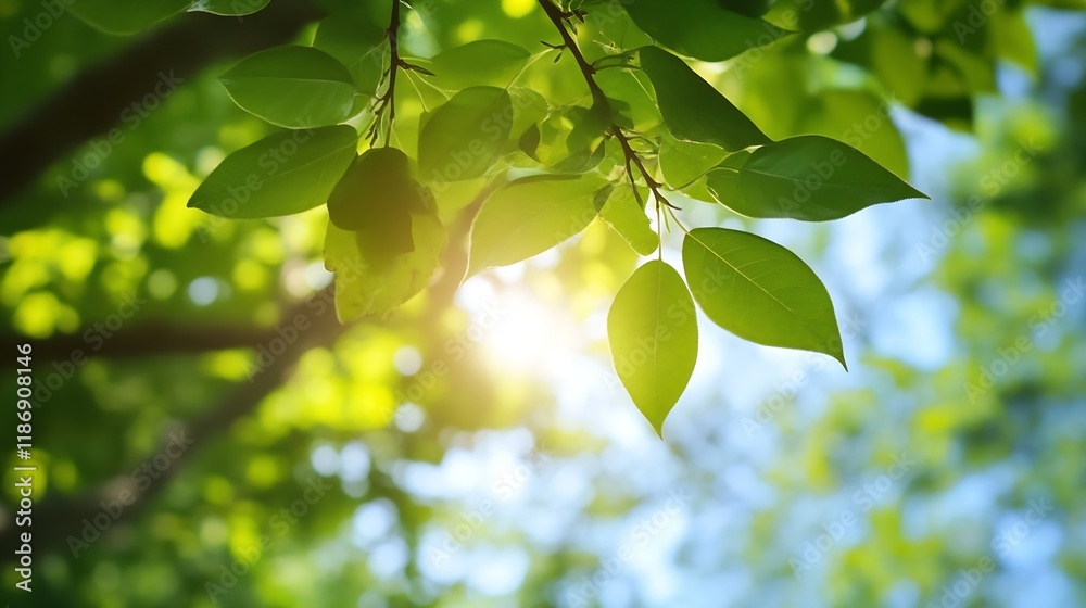 Poster sunlit green leaves closeup with natural background and vibrant atmospheric bokeh : generative ai