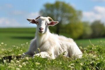 Obraz premium White Goat Lying on Green Grass in Nature's Meadow - A Stunning Farm Animal Image with Lush Green Background